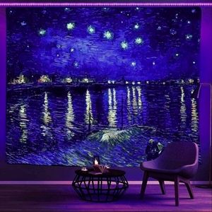 XL Black Light Starry Night Over the Rhone Vincent Van Gogh Wall Tapestry New